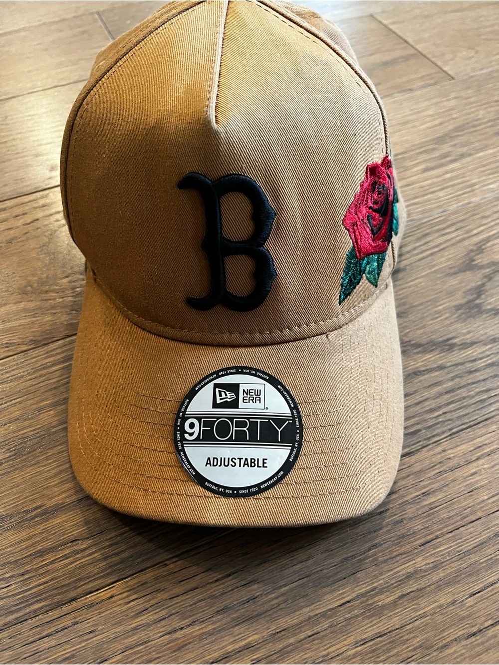 New Era Tan Boston Red Socks Adjustable Cap with Rose Embroidery